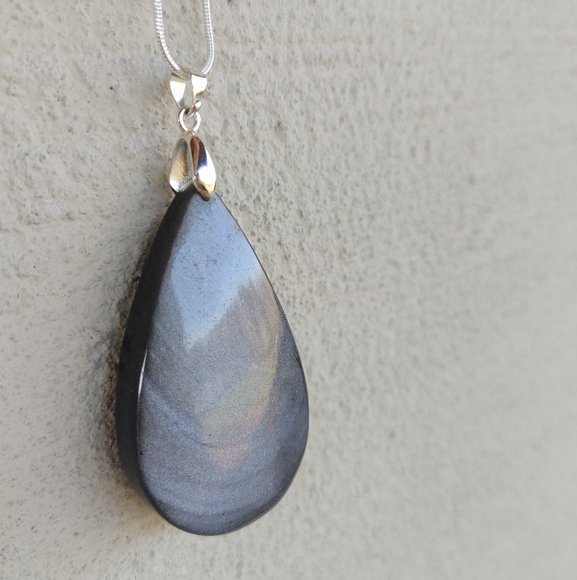 Large Black Obsidion Gemstone Pendant (2.5") -  w/ 925 Silver Overlay Chain - Picture 8 of 14